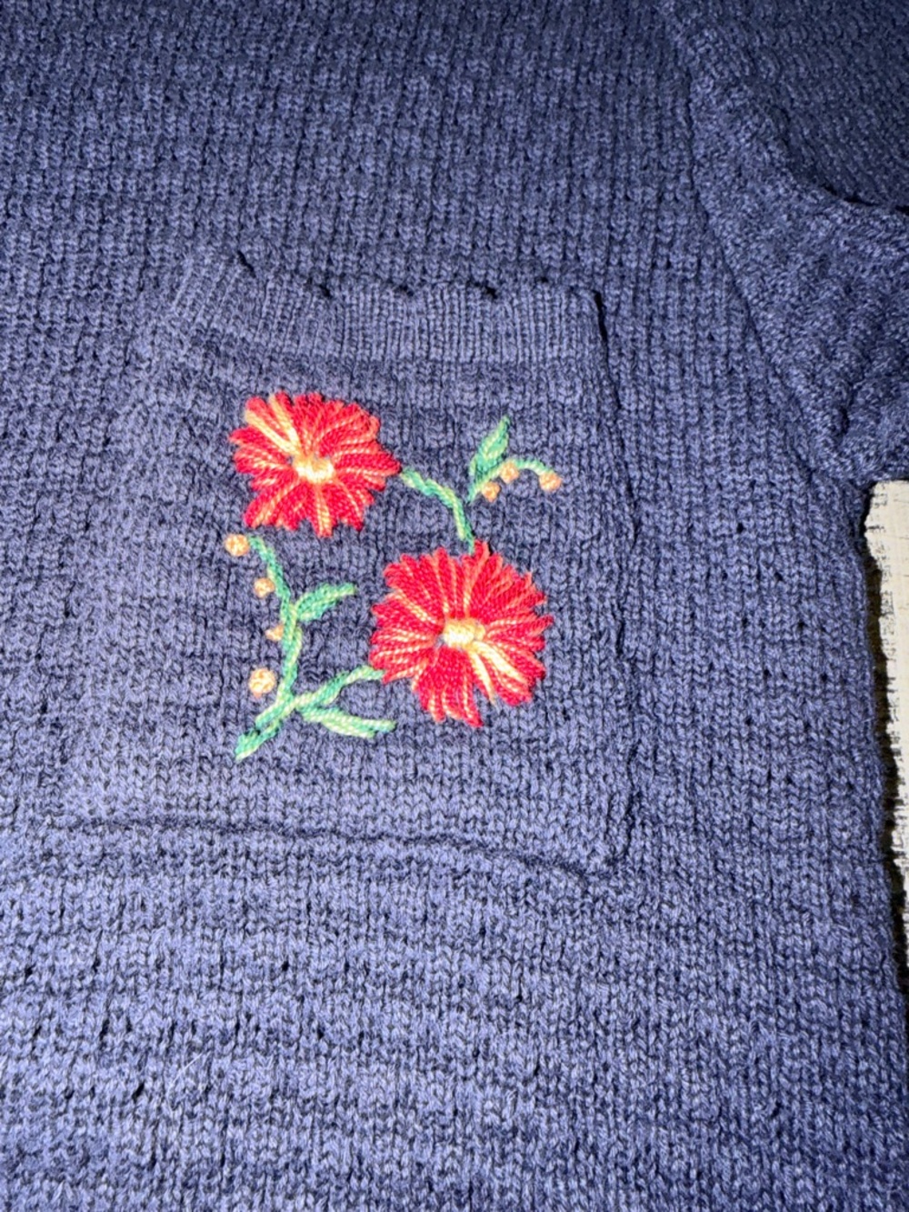 Crewneck Navy Textured Knit Sweater with Floral Pocket - Picture 3 of 9